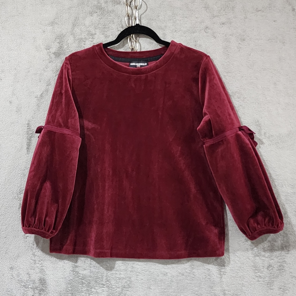 Karl Lagerfeld Paris Womens Shirt Red Small Soft Velvet LS Bow Boho Career